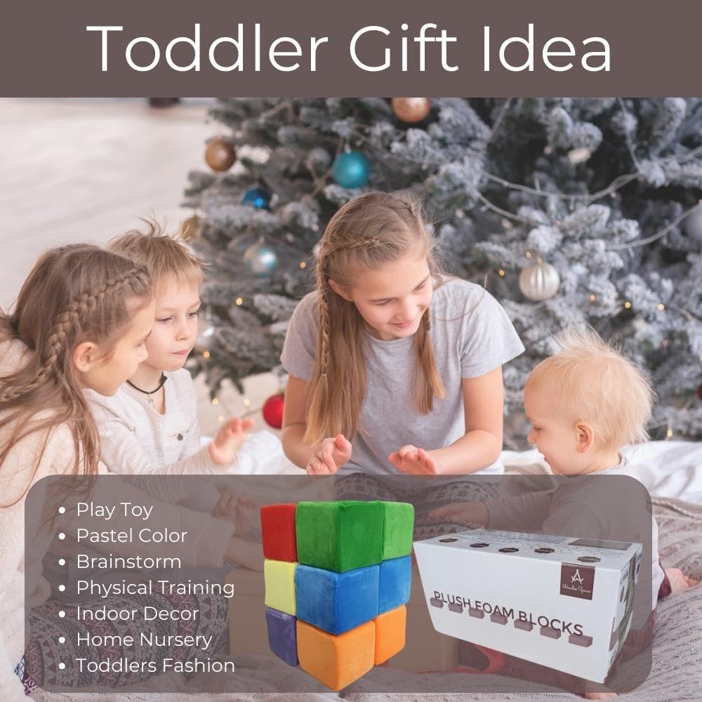 Wonder Space Plush Foam Blocks - Nursery Building & Stacking Toys for Toddlers Boys & Girls, Soft Smooth Velvet Cover, Early Education Gross Motor Skills & Brain Development (12 Cubes, Classic)