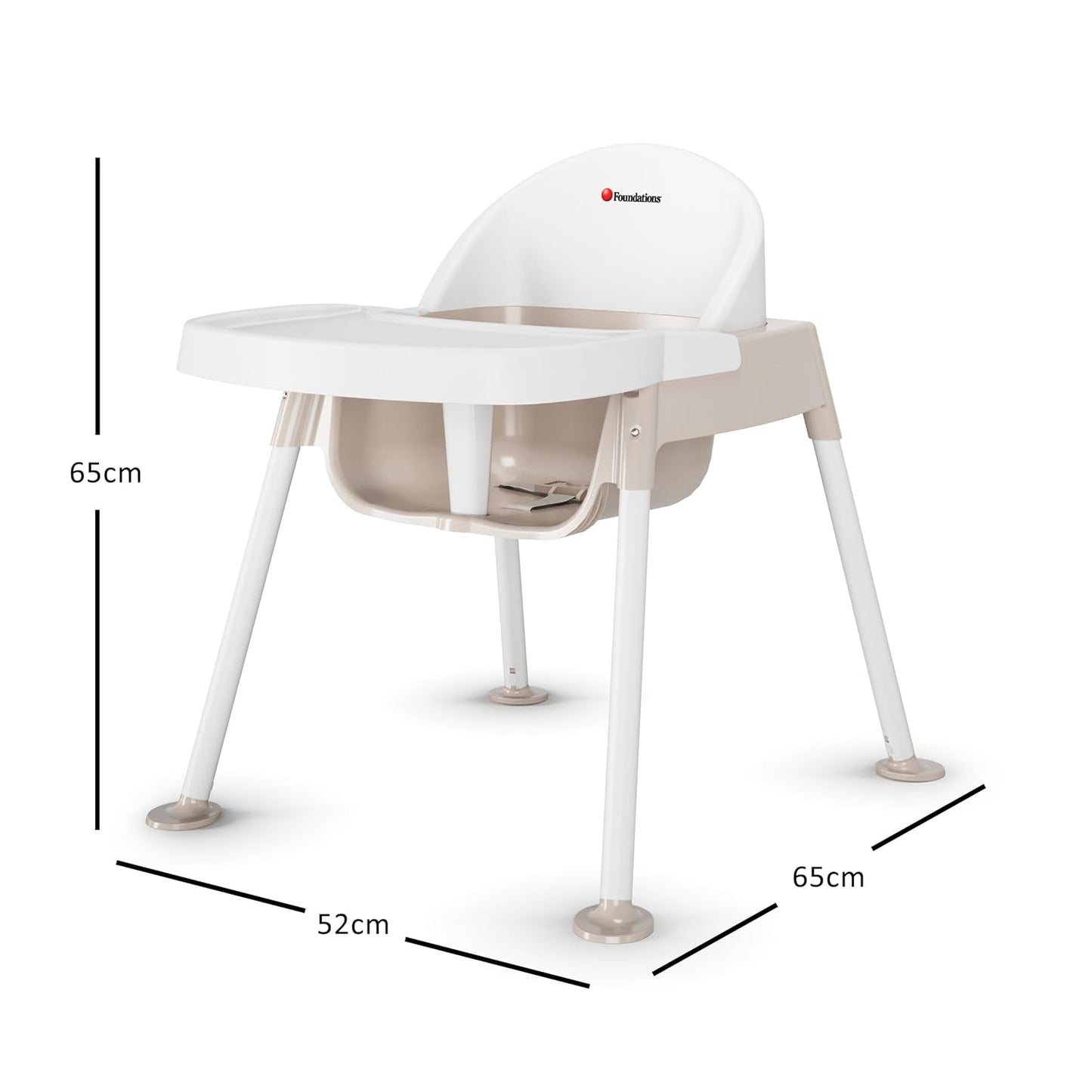 Foundations Secure Sitter 13" Feeding Chair, Stable “No Tip” Feet, 3-Point Adjustable Harness, Removable Tray, Easy to Clean, Smooth Plastic (White/Tan)