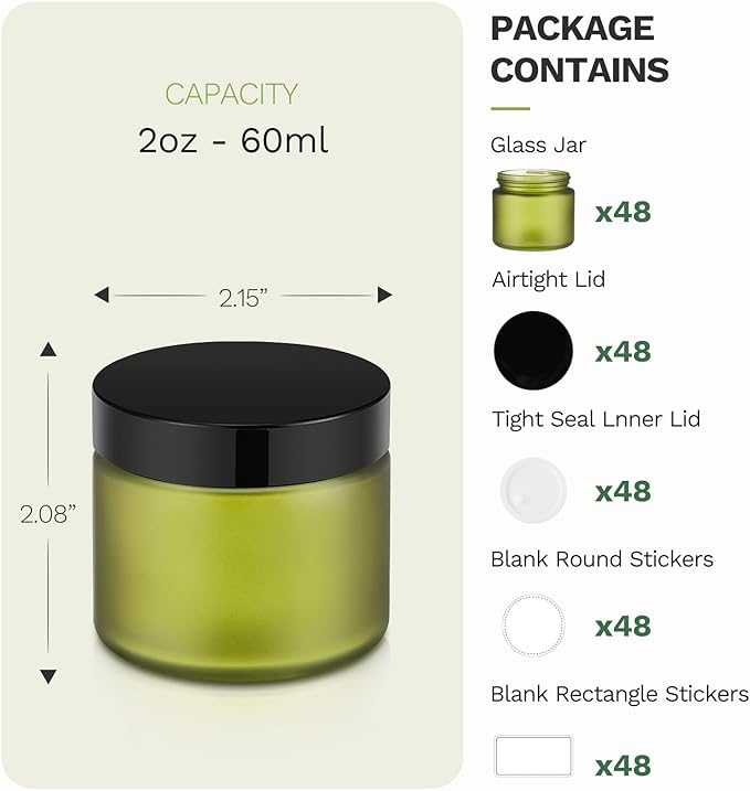 2 oz Small Glass Jars with Lids, Bumobum 48 pack Round Green Glass Candle Jars with Black Lids, White Labels & Inner Liners, Empty Cosmetic Containers for Cream, Lotion, Slime, Ointment