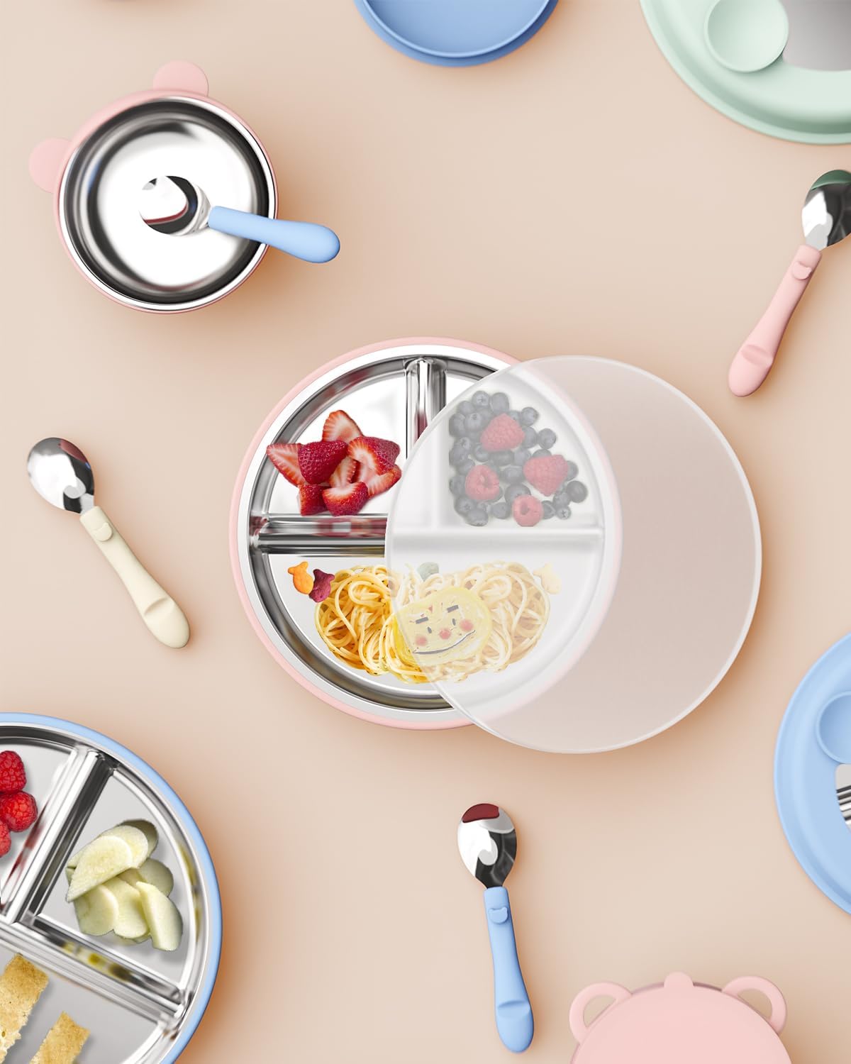 Stainless Steel Toddler Suction Plate with Lid, Deepened 9" Divided Plates with Removable Silicone Sleeves for Kids, Non Toxic Unbreakable Snack Dishes Set of 4, Sage Blue Gray Navy