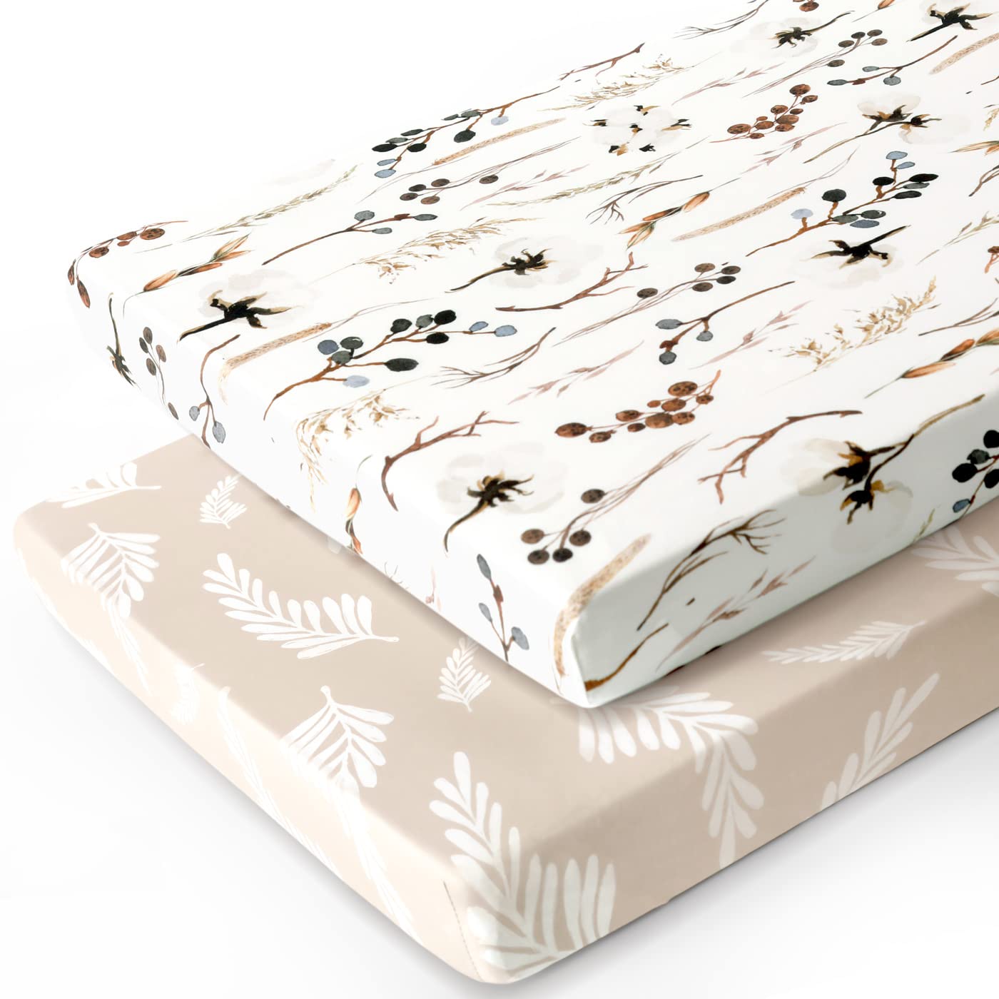 GRSSDER Stretchy Ultra Soft Jersey Knit Fitted Pack n Play Sheets Set 2 Pack, Neutral Portable/Mini Cribs Sheets, Fit Playards Mattress Pads Safe and Snug, Stylish Pretty Flora for Baby, Beige