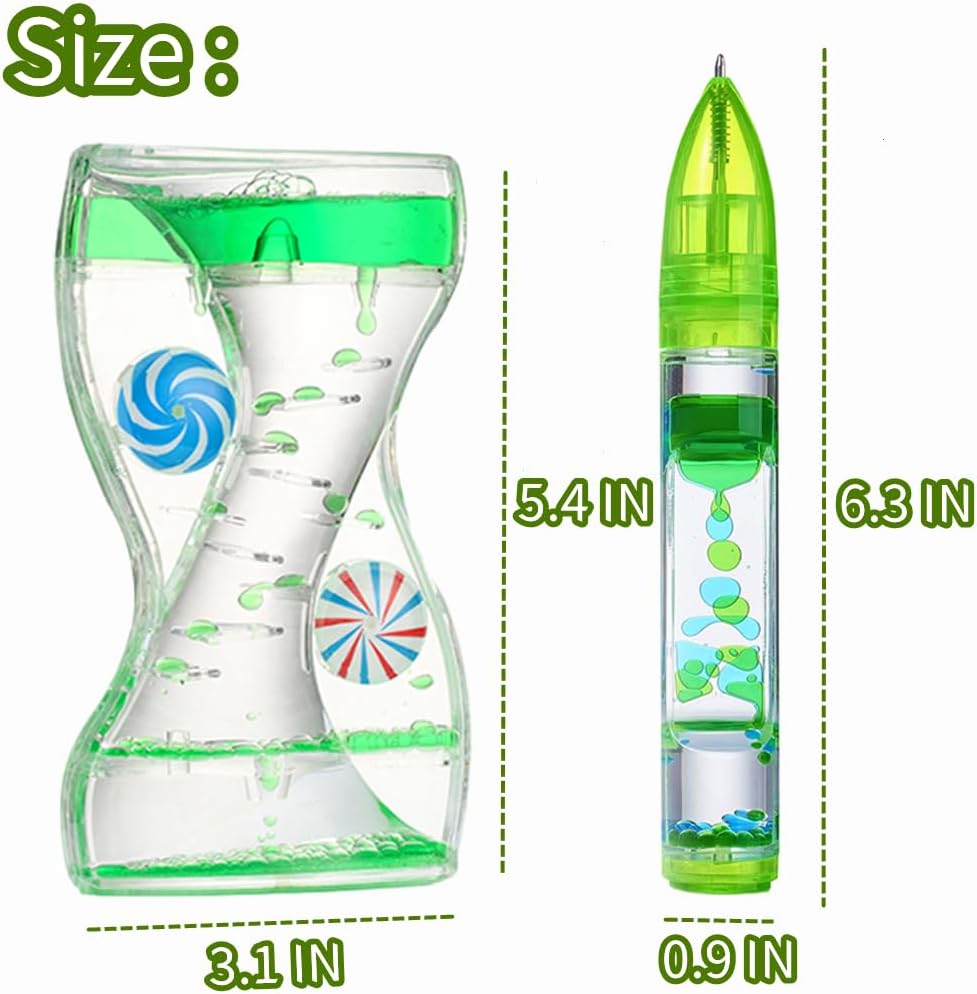 Liquid Motion Bubbler Pens Duple Wheel Colorful Timer Fidget Pens for Kids Sensory Toys Liquid Motion Bubbler Pen for Stress Relief and Anxiety Desk Toys Bubbler Timer Gifts for Kids 2 Pack Geen