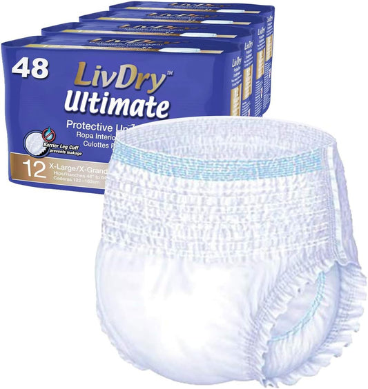 LivDry Ultimate XL Adult Incontinence Underwear, High Absorbency, Leak Cuff Protection, X-Large, 48-Pack