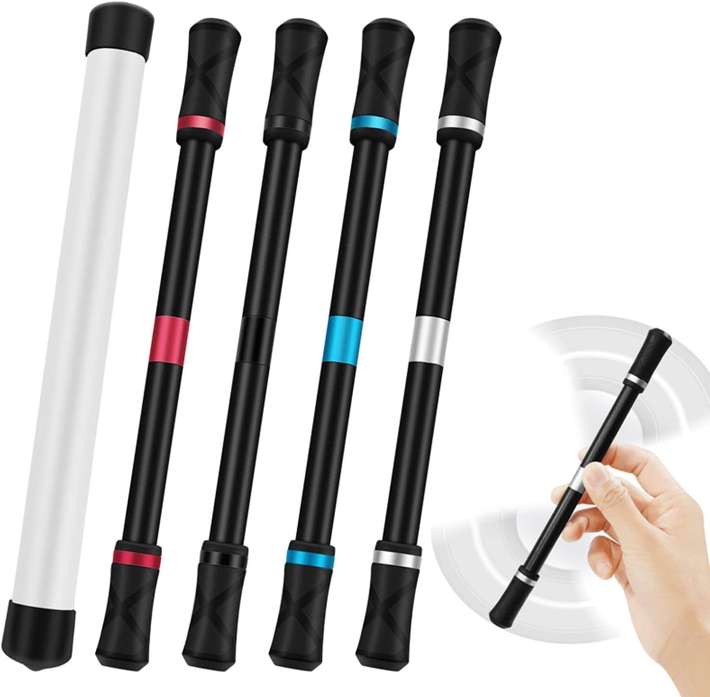 4 Pieces Pen Spinning Spinner Pen Gaming Pen Spinning Mod Gaming Spinning Pens Flying Spinning Pen Finger Rotating Pen for Kids Adults Office Supplies with Instruction Manual (Silver，Black, Red, Blue）