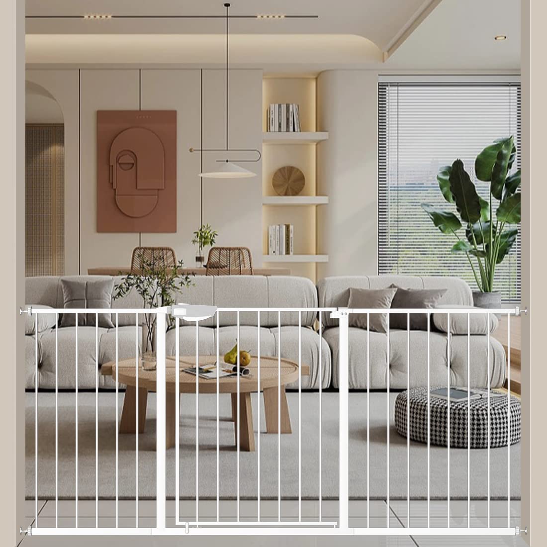 WAOWAO Triple Lock Baby Gate Extra Wide 62.59-67.32" Pressure Mounted Walk Through Swing Auto Close Safety White Metal Dog Pet Puppy Cat for Stairs,Doorways,Kitchen