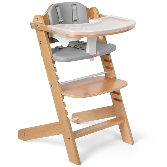 Cowiewie 3-in-1 Convertible Natural Wooden High Chair for Babies & Toddlers 3-Tier Remove & 2 Adjustable Wood Tray & 8 Levels Adjustable, 2 Waterproof Cozy Cushions Grey