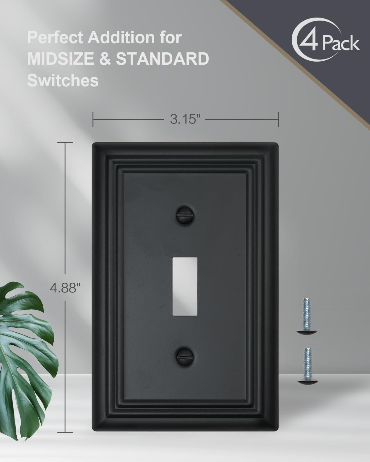 4-Pack Single Toggle Wall Plates, Decorative Black Switch Plate Covers, Metal Light Switch Covers, Durable Metal, 3.15''*4.88'', Midsize