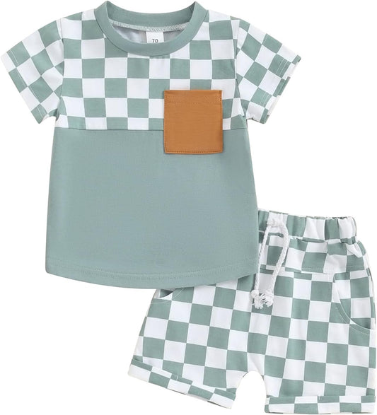 fhutpw Baby Toddler Boy Clothes Summer Outfits 6 12 18 24 Months Patchwork Short Sleeve T Shirt & Shorts Sets with Pockets