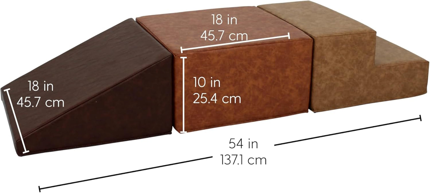 SoftScape Rustic Kid Playtime Climber, Indoor Active Playset for Toddlers and Children, Safe Soft Foam for Crawling and Sliding (3-Piece Set) - Distressed Faux Leather Assorted