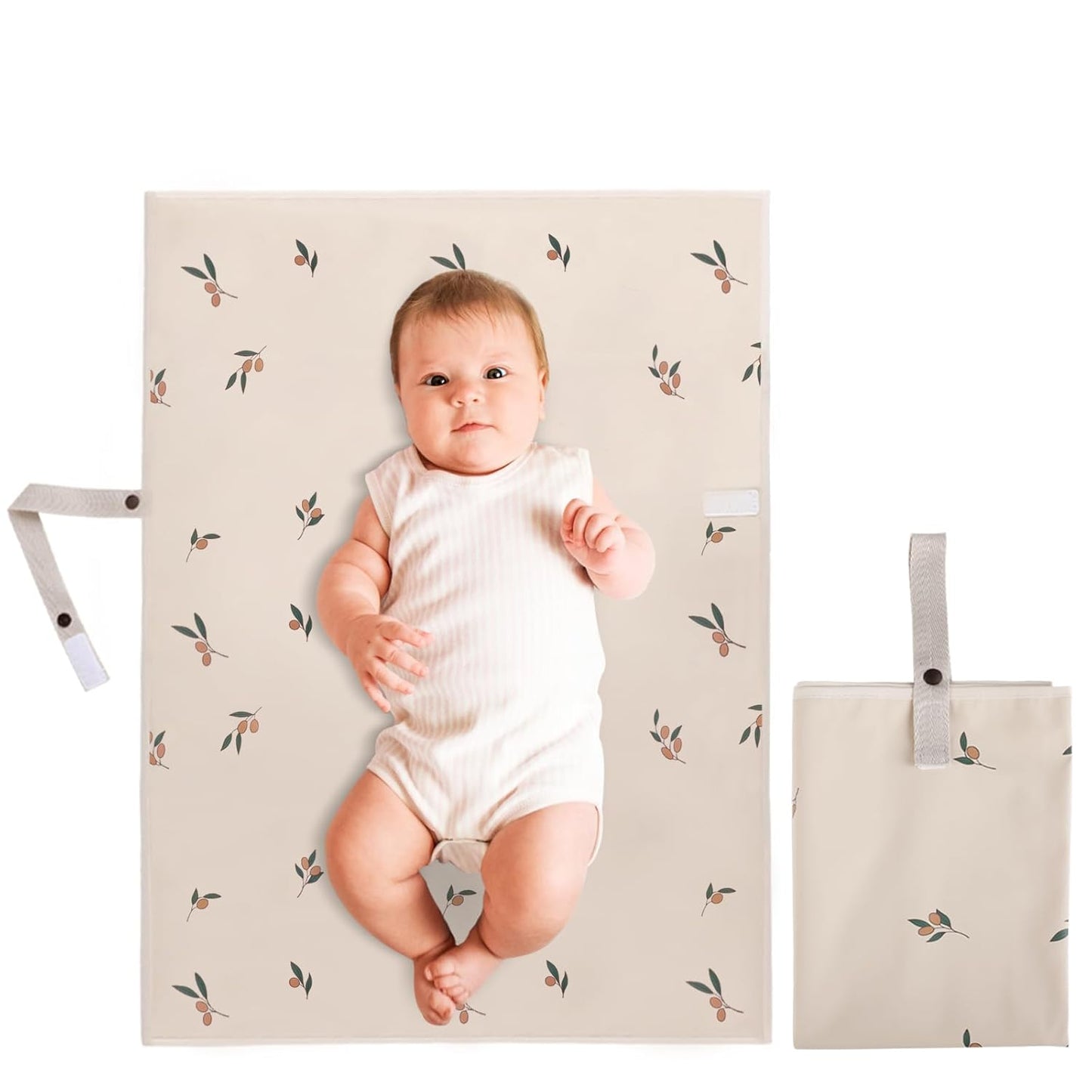 Vegan Leather Portable Changing Pad - Waterproof Compact Baby Changing Mat - Foldable Travel Diaper Changing Pad, Newborns Shower Gifts (Olive Branch with Strap, 20"*28")