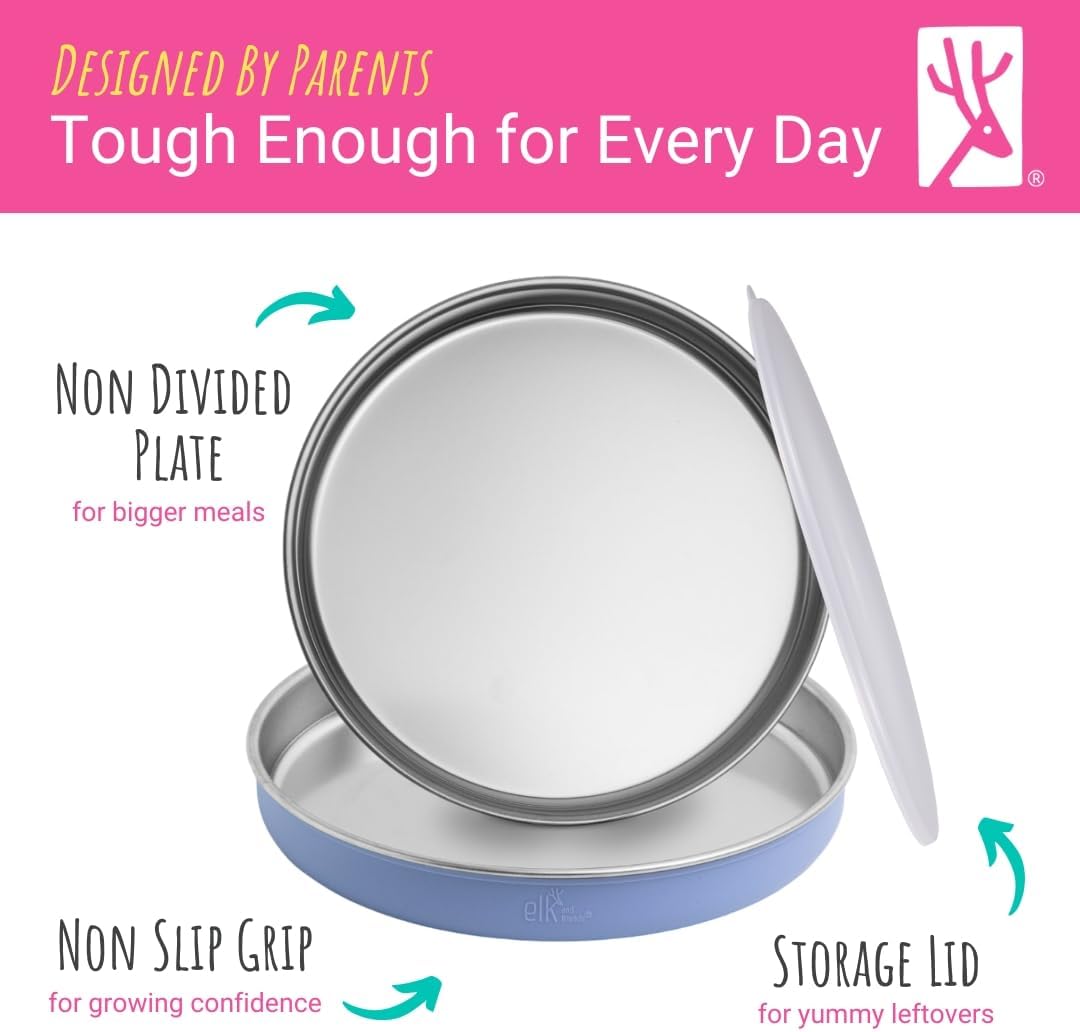 Elk and Friends 7.8” Stainless Steel Non Divided Plates with Silicone Sleeve + Storage Lid | Baby, Toddler, Kids | Dishwasher Safe | Dinner & Snack Plates | 2 Pack
