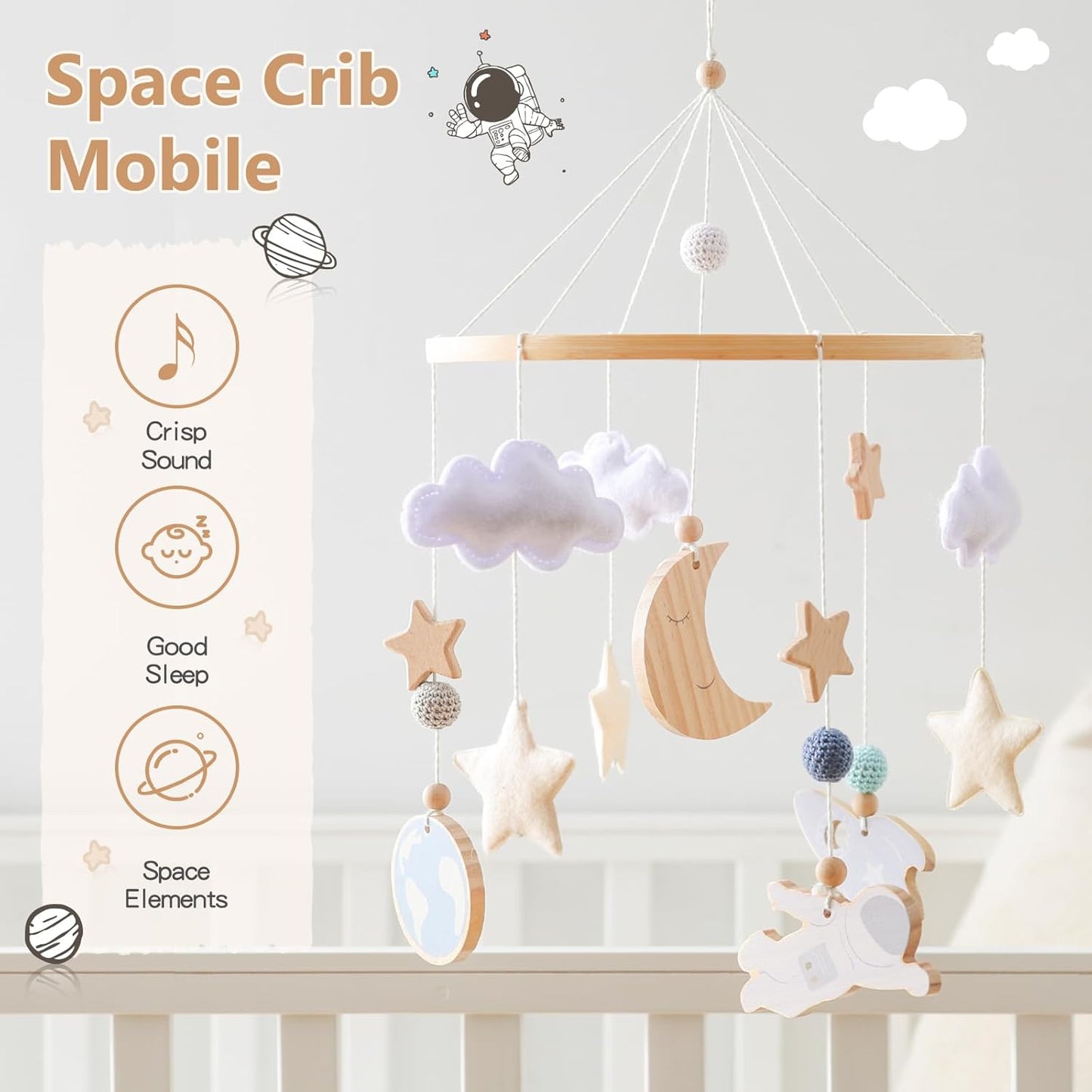 JETMHH Baby Crib Mobile | Space Theme Nursery Mobile | Wooden Mobile for Crib | Astronaut Space Theme Nursery Bed Decoration | Gift for Newborn Nursery Decor