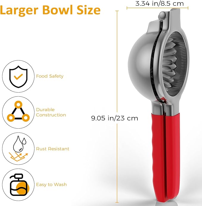 Lemon Squeezer Stainless Steel - Premium Quality, Heavy Duty Solid Metal Squeezer Bowl - Large Manual Citrus Press Juicer and Lime Squeezer (Red)