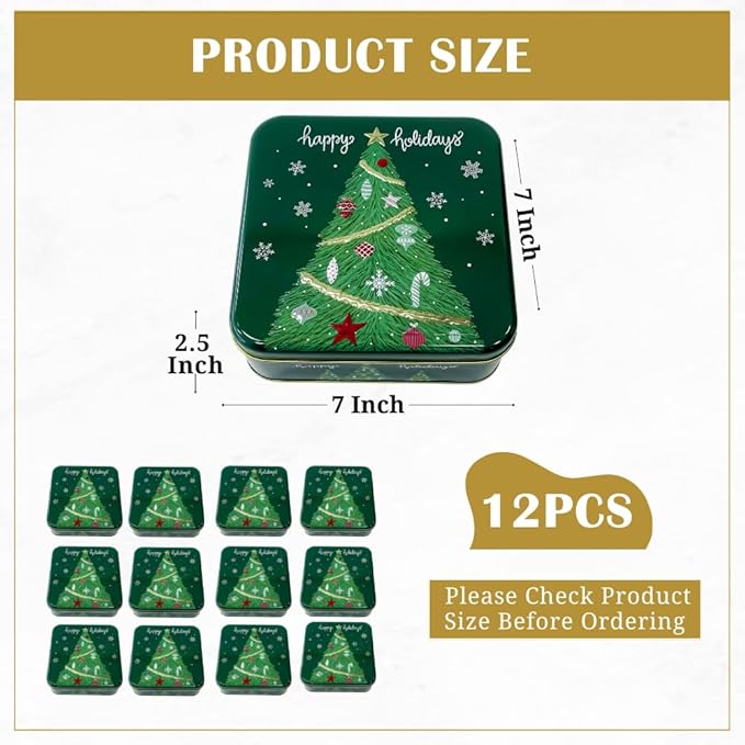 Metal Christmas Cookie Tins with Lids, 12 Pack Green Square Holiday Storage Containers, Durable & Stylish Storage Solution For Gift Giving, Cake, Candy & More