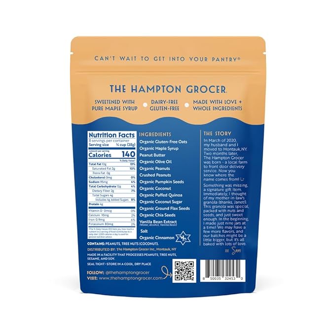 The Hampton Grocer Peanut Butter Crunch Granola, 3 pack - Light & Crispy Clusters with Pure Maple Syrup, Cinnamon, Whole Nuts & Super Seeds, Protein-Packed, Crunchy, Small-Batch, 8oz