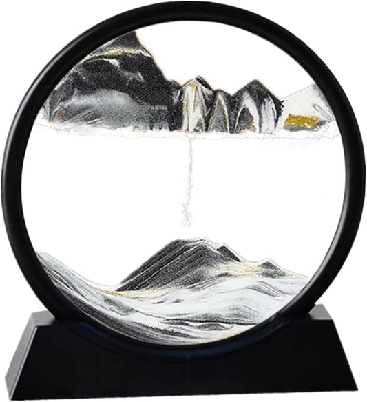 Moving Sand Art Picture in Motion Round Glass 3D Deep Sea Landscape, Dynamic Sand Art Sandscapes, Sensory Relaxing Desktop Table Decor Desk Decor Art Desk (7 inch, Black)