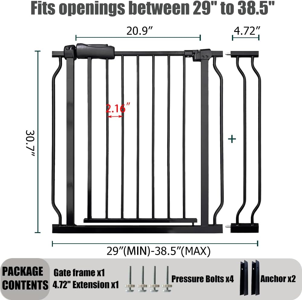 Walk Through Baby & Dog Gate 34-38.5 Inch, Auto Close, Tension Mounted Indoor Safety Gate for Stairs & Doorways - Black Metal, 30 Inch Tall