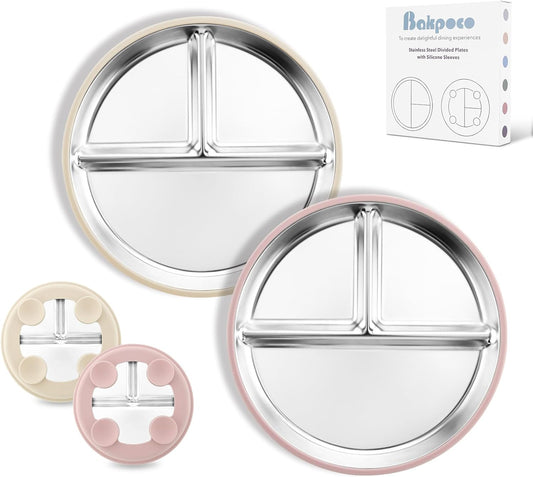 Stainless Steel Baby Plate with Suction, 8” Divided Toddler Plates with Removable Silicone Sleeves for Kids, Non-Toxic Non-Slip Unbreakable Dishwasher Safe Dinnerware Set of 2, Pink & Beige