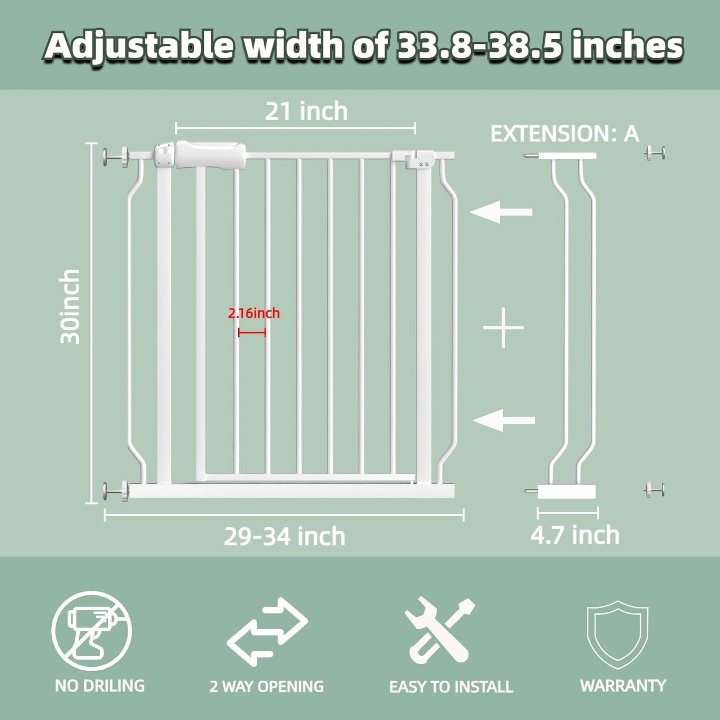 TSAYAWA Extra Wide Baby Gate with Door,33.8-38.5 Inch Walk Through Large Long Child Gates for Stair Doorway - Indoor Outdoor Safty Gate for Toddler Pet Dog Doggie White