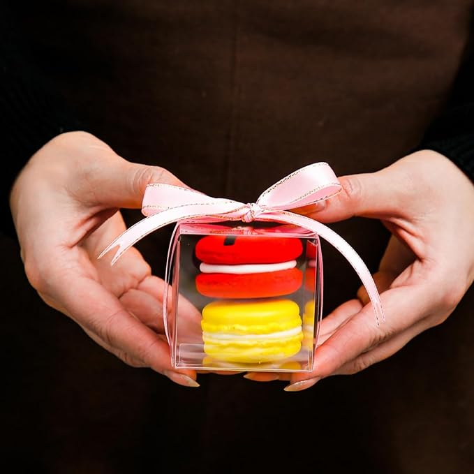 TEMLQPACK 50 Pack 2x2x2 Inch Plastic Macaron Boxes for 2 Clear Plastic Small Gift Boxes Treat Boxes Hot Chocolate Bomb Boxes Pastry Boxe Candies Boxes Birthday Wedding Party Favor