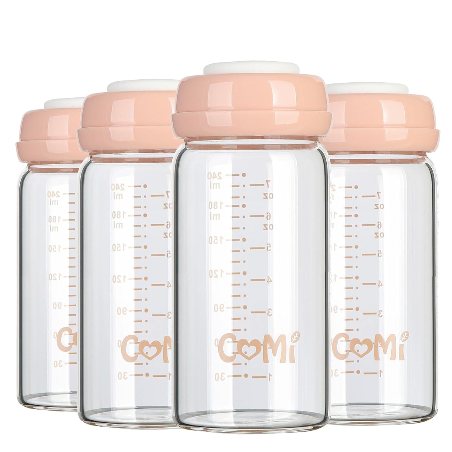 COMI Wide Neck Glass Breastmilk Collection n Storage Bottle, 8oz with Screw Ring Sealing Disk; Re-markable Sealing Disc. BPA Free, Fits Breast Pumps & Nipples (4 Pink Lids)