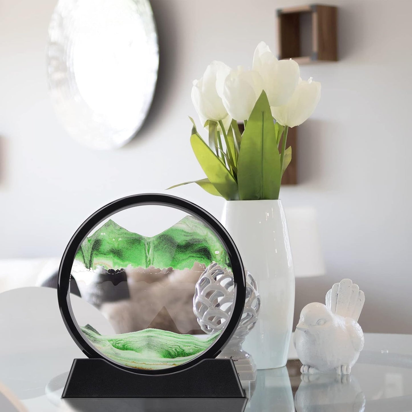 QLKUNLA Moving Sand Art Picture Liquid Motion 3D Deep Sea Sandscape in Motion Display Flowing Sand Frame Relaxing Desktop Home Office Work Decor Art Toys (7 inch, Green)