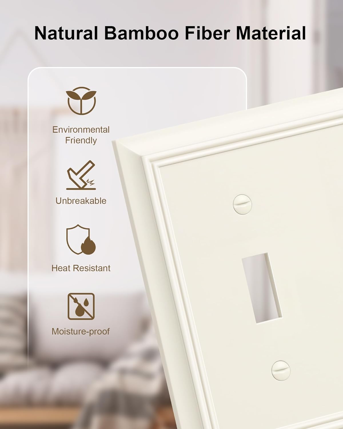 2-Pack Quad Toggle Light Switch Cover Plate, Almond Decorative Switch Plate Covers, Natural Bamboo Fiber 4 Gang Wall Plate for Toggle Light Switch and Rotary Dimmer Switch