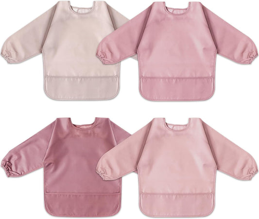 4 Pack Long Sleeve Bib, Waterproof Sleeved Smock for Baby Boy or Girl, Reusable Bib with Pocket, Ages 6-24 Months