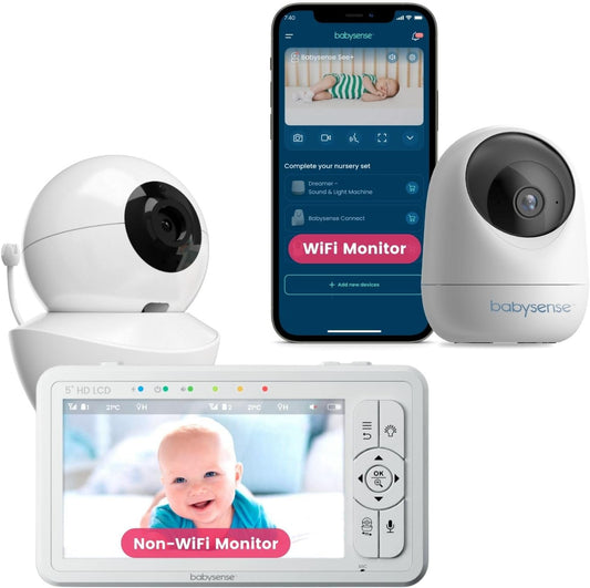 Babysense HDS2 Non-WiFi 5” HD Baby Monitor with Camera and Audio & Bonus WiFi Security Camera with App for Remote Viewing - HDS2&FullPeek
