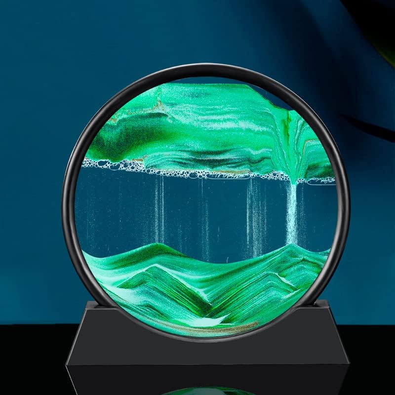 Moving Sand Art Picture in Motion Round Glass 3D Deep Sea Landscape, Dynamic Sand Art Sandscapes, Sensory Relaxing Desktop Table Decor Desk Decor Art Desk (7 inch, Green)