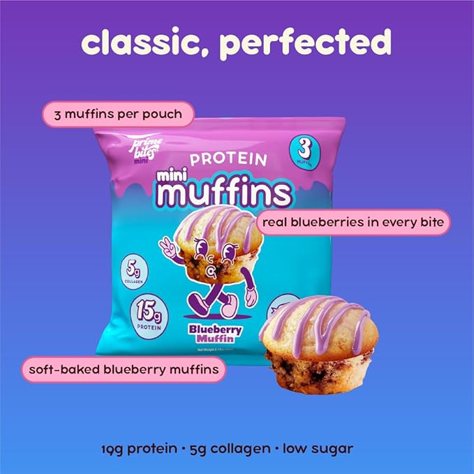 Prime Bites Minis | Protein Mini Muffins from Alpha Prime Supplements | High Protein, Collagen Fortified Low Sugar Treat | Delicious Snack | 12 Packs per Box - Blueberry