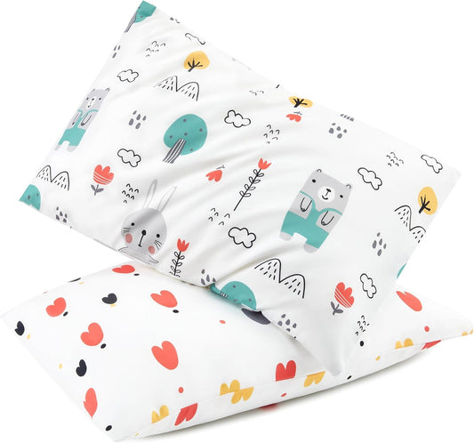 TILLYOU Toddler Pillowcase 2 Pack with Envelope Closure,Silky Soft Microfiber 13" x 18" Kids Travel Pillow Cases,Bib Bear & Colorful Love