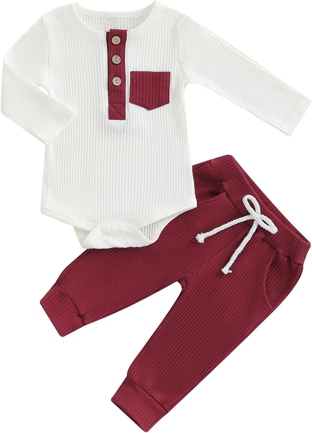 fhutpw Baby Boy Clothes 3 6 12 18 Months Ribbed Knitted Long Sleeve Romper and Pants Sets Newborn Fall Splicing Color Outfits