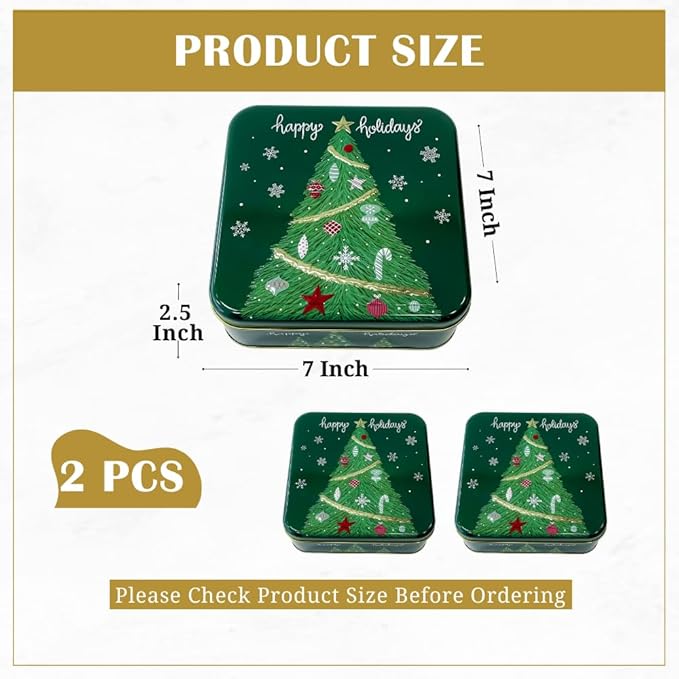 Pack of 2 Square Metal Christmas Cookie Tins With Lids, Elegant Green & Gold Festive Tins, Multipurpose Tins For Gift Giving, Durable & Stylish Storage Solution For Cake, Candy & More