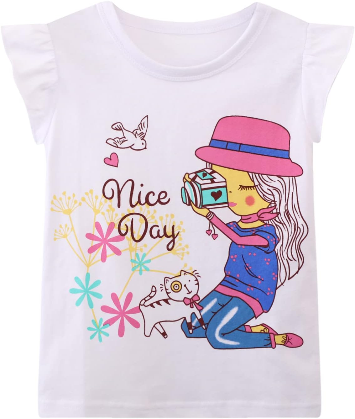 HILEELANG Girls' Tees Ruffle Short Sleeve T-Shirt Cotton Casual Graphic Summer Crewneck Tunic Tops