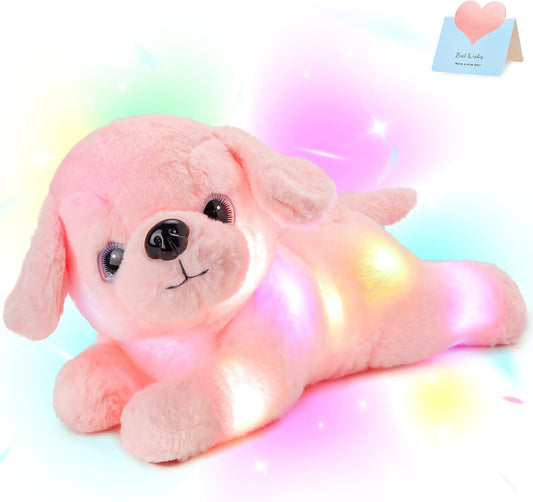 Glow Guards 15'' Pink Light up Puppy Dog Stuffed Animal Soft Plush Toy Pillow with LED Night Lights Pink Glow Bedtime Pal Birthday Children's Day Gifts for Toddler Kids