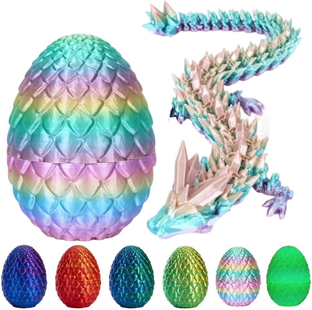 3D Printed Dragon Egg, Mystery Crystal Dragon Egg Fidget Toys Surprise, Articulated Crystal Dragon Eggs with Dragon Inside (Rainbow Color)