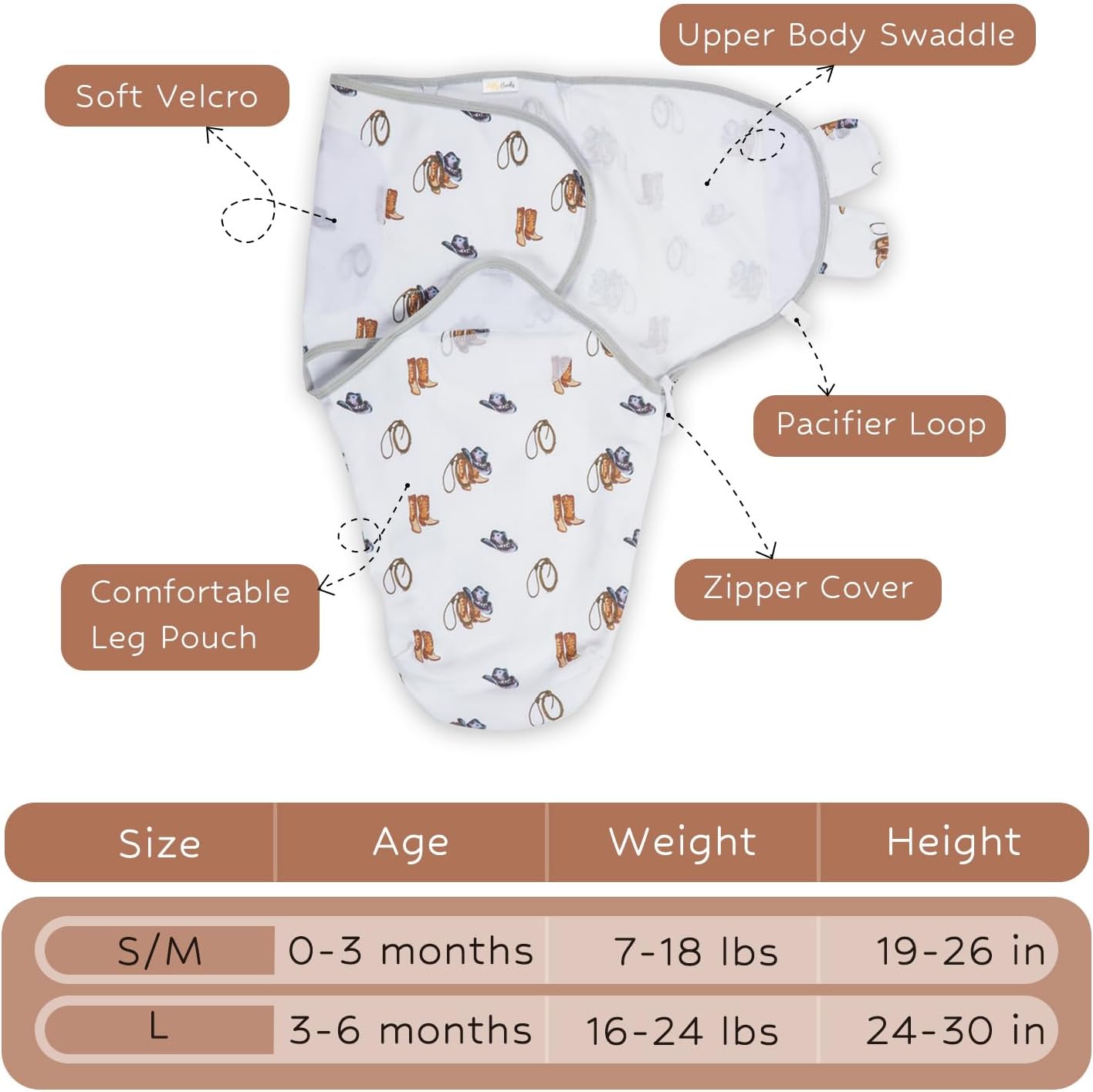 LollyBanks 100% Organic Cotton Baby Boy Essentials Swaddles 0-3 Months, Newborn Swaddle with Easy Change Zipper, Western Baby Swaddle Blanket Wrap (Cowboy Print)