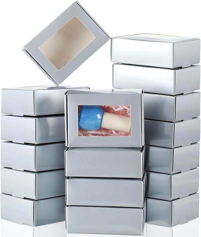 Zonon 30 Pcs Soap Boxes for Homemade Packaging, Mini Kraft Treat Boxes with Window for Bakery Candy Soap Making Gift Packaging(3.5 x 2.4 x 1.2 Inch,Silver)