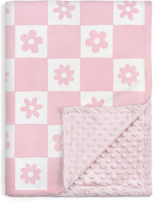 Daisy Minky Baby Blanket 30 x 40 Inches for Girls, Soft Plush Receiving Blanket with Dotted Back, Gift for Toddler Newborn Infant Christmas Birthday Baby Shower