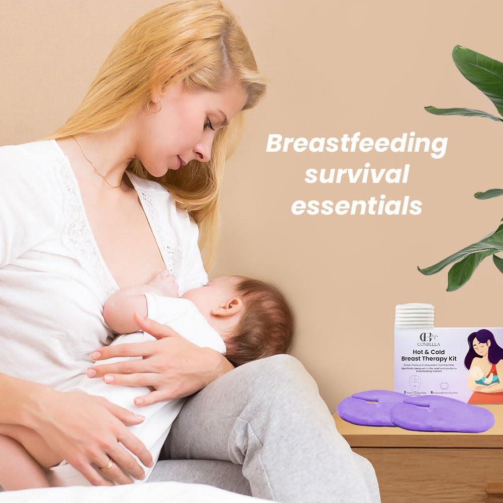2 Larger Breast Ice Packs with Soft Covers and 6 Breast Pads for Leaking Milk, Hot and Cold Breast Therapy Packs, Breastfeeding Essentials for Relief of Clogged Ducts, Nipple Pain, Engorgement