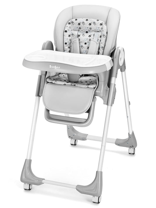 Foldable High Chair with Soft Cushion, High Chairs for Babies and Toddlers, Height Adjustable Feeding Chair, Adjustable Backrest and Footrest, Lockable Wheels, Star Gray