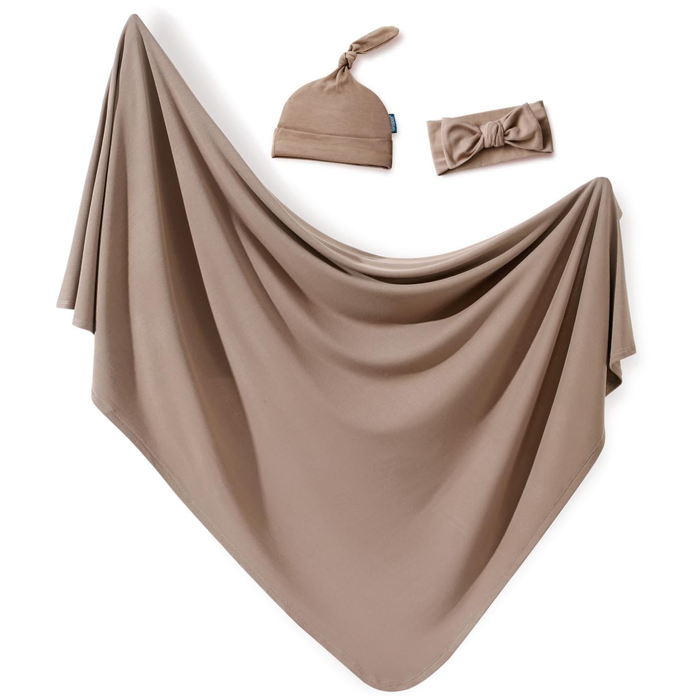 GRSSDER Newborn Swaddle Blanket, Ultra Soft Jersey Receiving Blanket with Matching Headband and Beanie Set 33×44", Stretchy Baby Neutral Swaddle Wrap for Girls and Boys