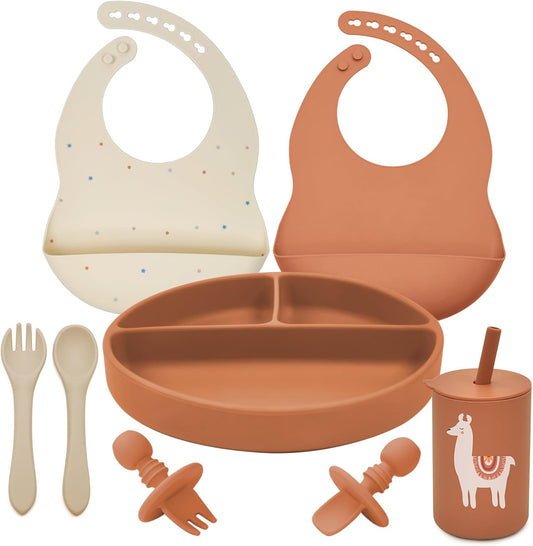 Silicone Baby Feeding Set, Baby Led Weaning Supplies, Baby Spoons Suction Divided Plate Bib Cup, First Stage Solid Food Eating Utensils - 6+ Months(Orange-Beige)