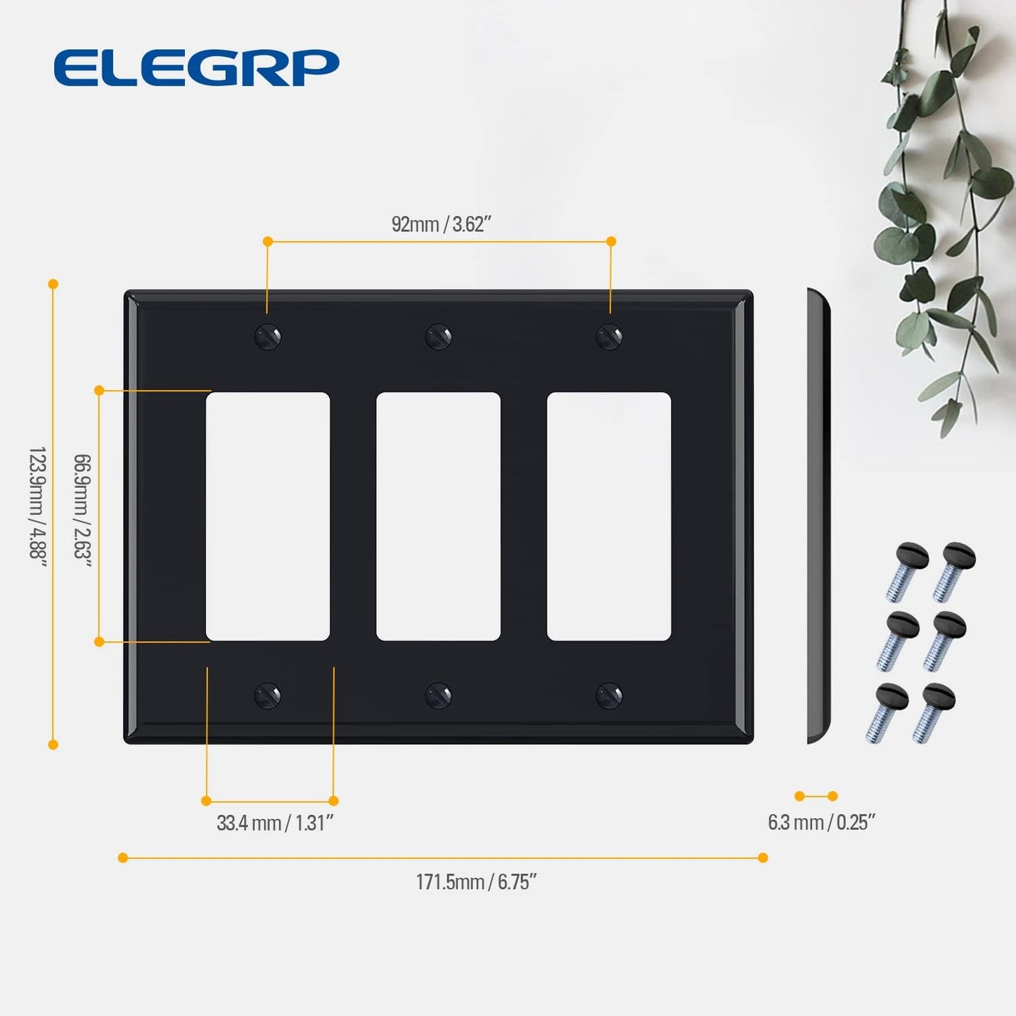 ELEGRP 3-Gang Decorative Wall Plates, Mid-Size 4.88" H x 6.75" L Unbreakable Thermoplastic Faceplate Cover for Decorator Receptacle Outlet Switch, UL Listed (10 Pack, Glossy Black)