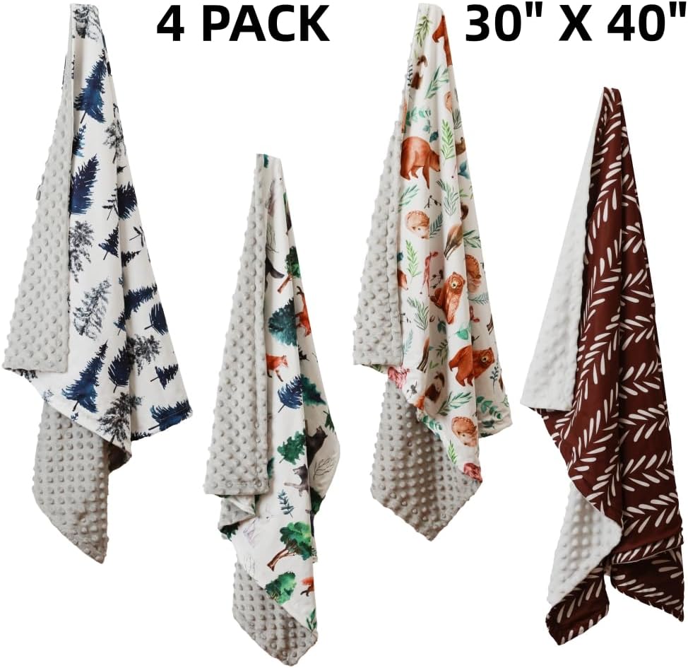 4 Pack Soft Woodland Baby Blankets（30“X40 for Unisex Girls or Boys Breathable Gender Neutral Nursery Double Layer Blankets with Dotted Backing and Animals Printed for Newborn Toddlers (Animal Print)