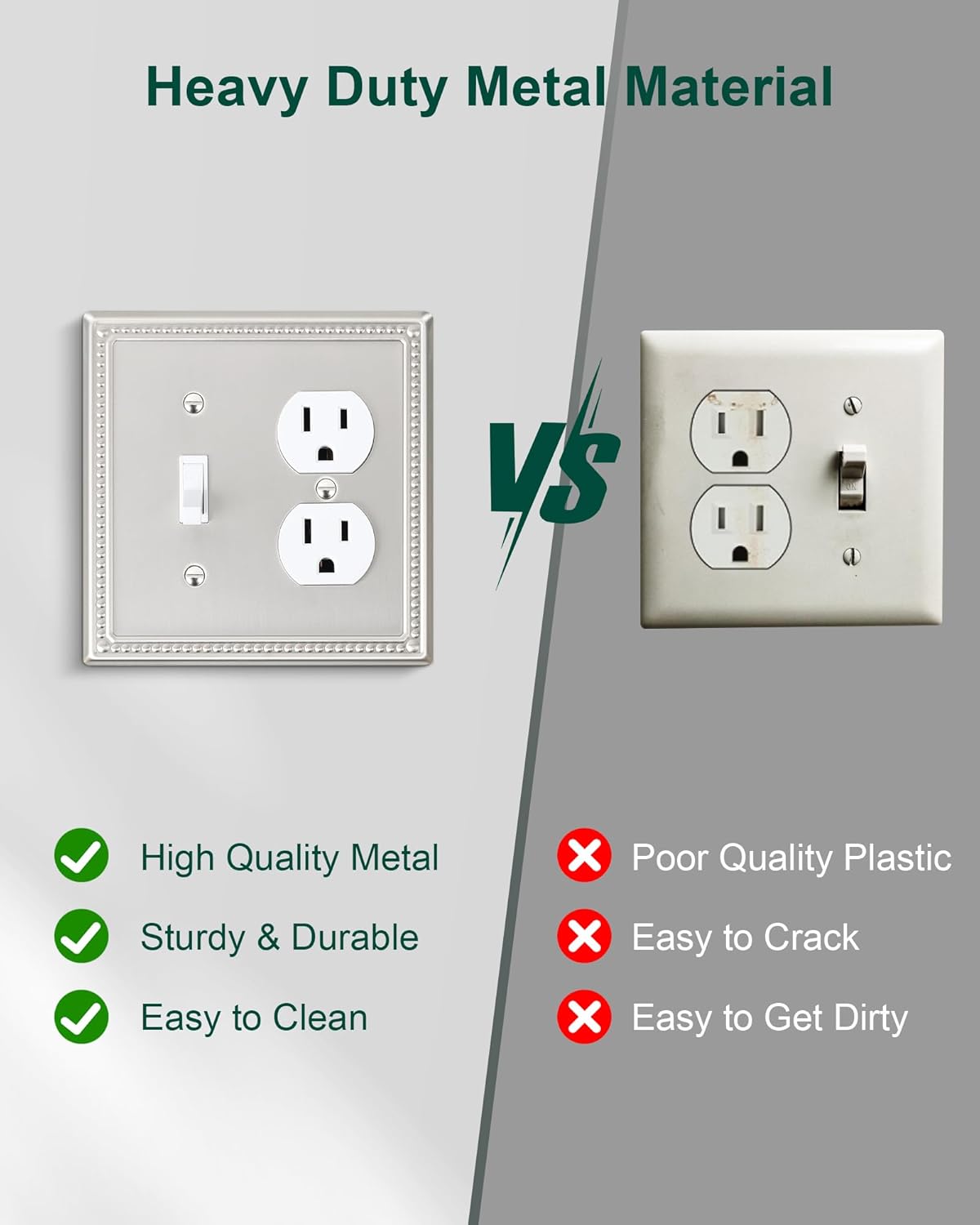 2-Pack Combo Toggle/Duplex Light Switch Cover Plate, Brushed Nickel Metal Wall Outlet Cover, Decorative Classic Beaded Wall Plate