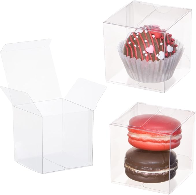 TEMLQPACK 50 Pack 2x2x2 Inch Plastic Macaron Boxes for 2 Clear Plastic Small Gift Boxes Treat Boxes Hot Chocolate Bomb Boxes Pastry Boxe Candies Boxes Birthday Wedding Party Favor