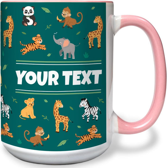 Personalized Mug for Kids - Zoo Animals - Custom Name/Text, Ceramic Hot Chocolate/Cocoa/Coffee Cup for Boys/Girls, Birthday/Christmas/Holiday Gift - 15 oz, Pink Handle
