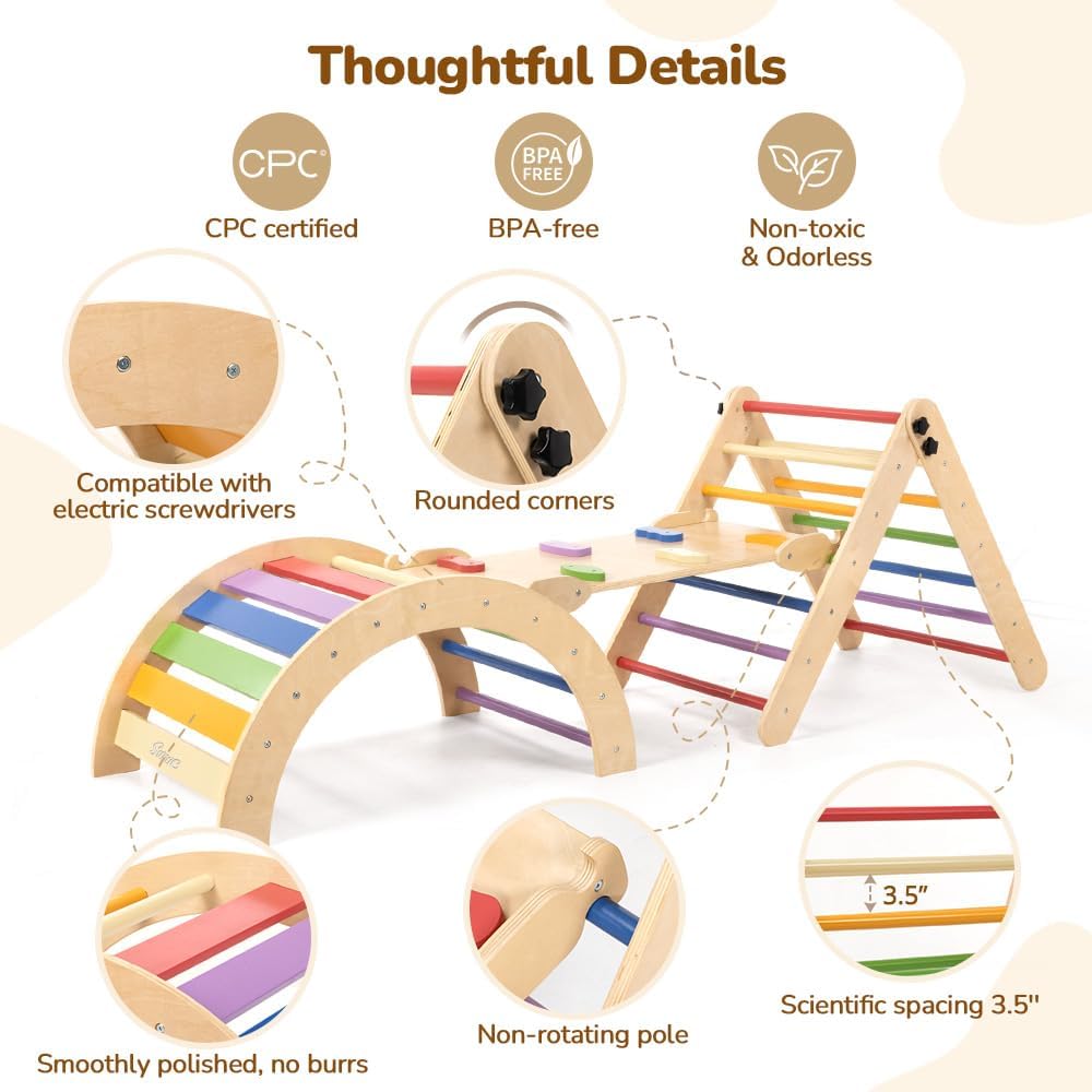 Pikler Triangle Set with Cushion, 8-in-1 Toddler Climbing Toys Indoor, Wooden Montessori Climbing Set with Arch Ramp,Ladder&Tent Cloth, Baby Indoor Climber Jungle Gyms for Toddlers Toy, Rainbow